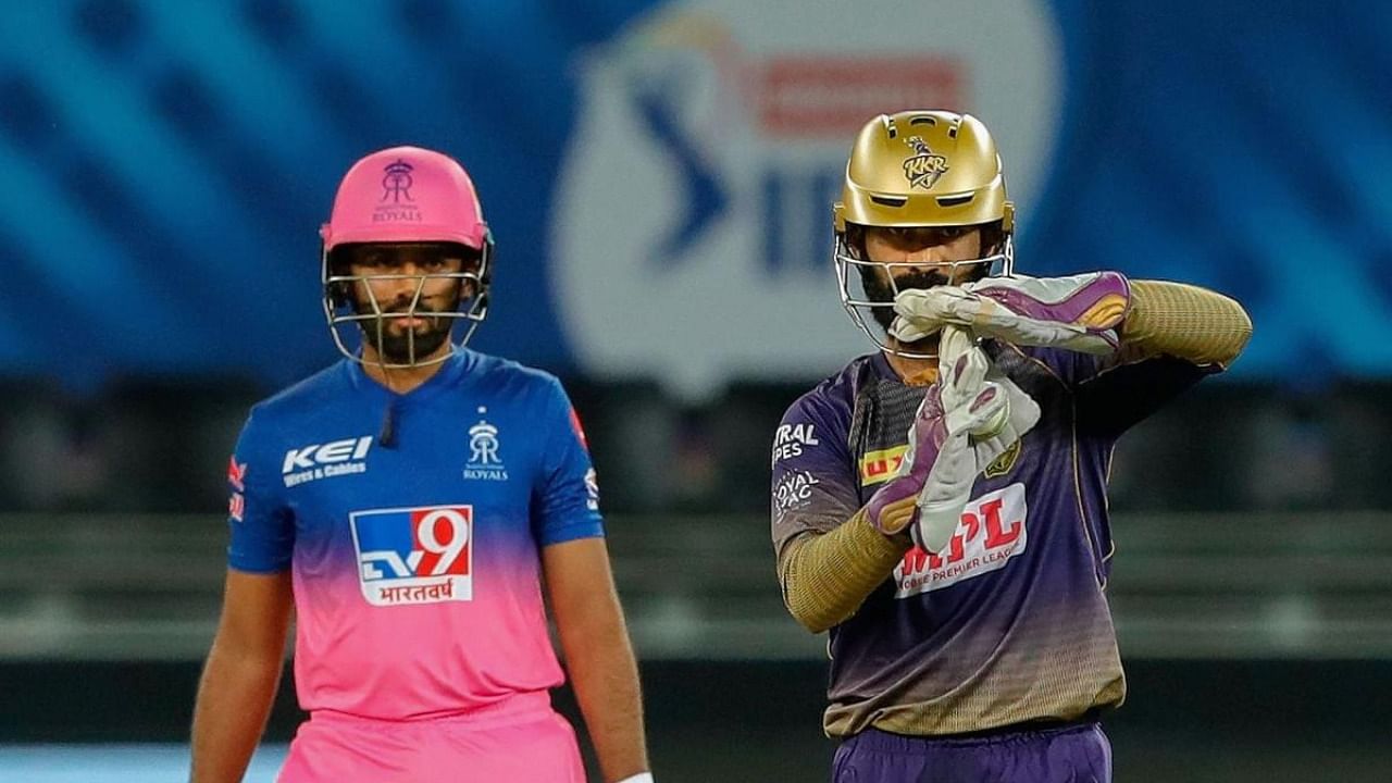 Kolkata Knight Riders captain Dinesh Karthik calling for DRS during the Indian Premier League 2020 cricket match against Rajasthan Royals. Credit: PTI.