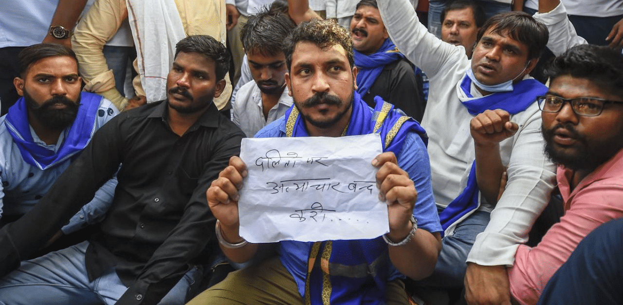 The Dalit activist was accompanying the family of the 19-year-old woman, who died in a Delhi hospital on Tuesday, a fortnight after she was allegedly gang raped in UP's Hathras, to their home but was detained midway. Credit: PTI Photo