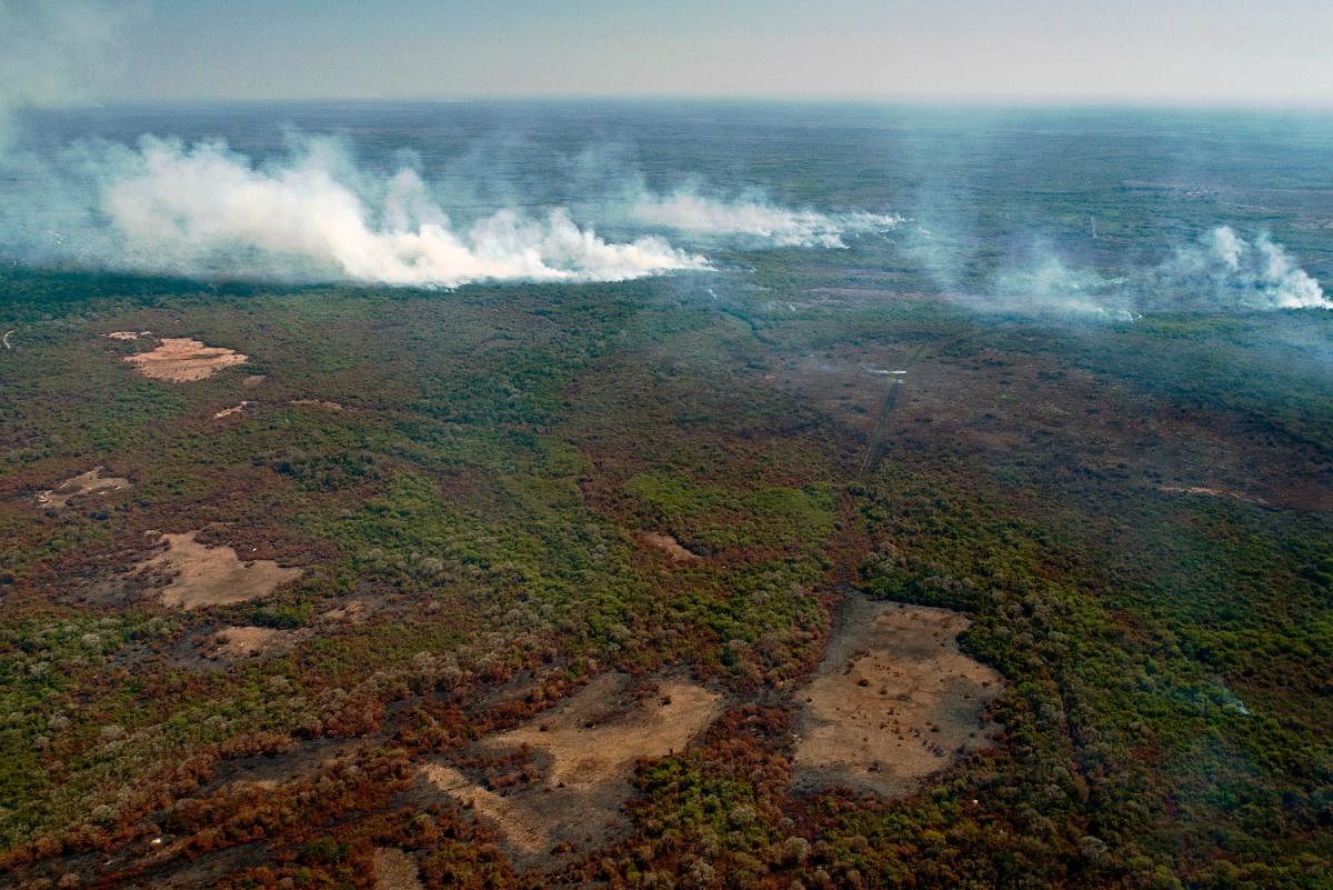 An aerial view of forest fires in Pocone, Pantanal region, the largest tropical wetlands in the world, Brazil. AFP