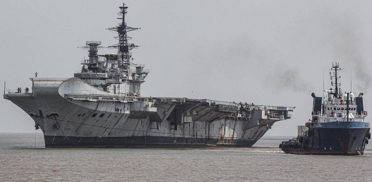 Indian Naval ship (INS) Viraat arrives at Alang ship breaking yard after it was decommissioned by the Indian Navy, at Alang in Bhavnagar district. Credit: PTI