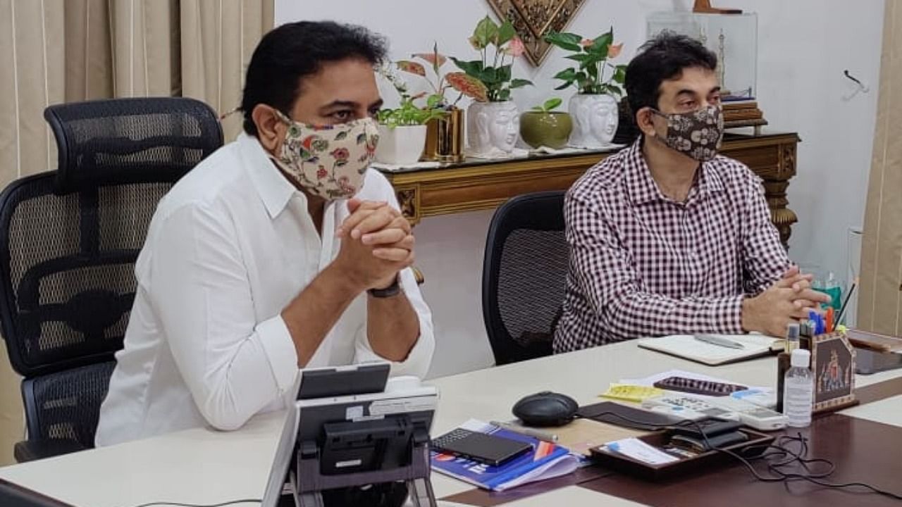 Representatives of Goldman Sachs interacted with Telangana’s IT and investments minister KT Rama Rao through a virtual conference on Thursday. Credit: DH Photo by arrangement.
