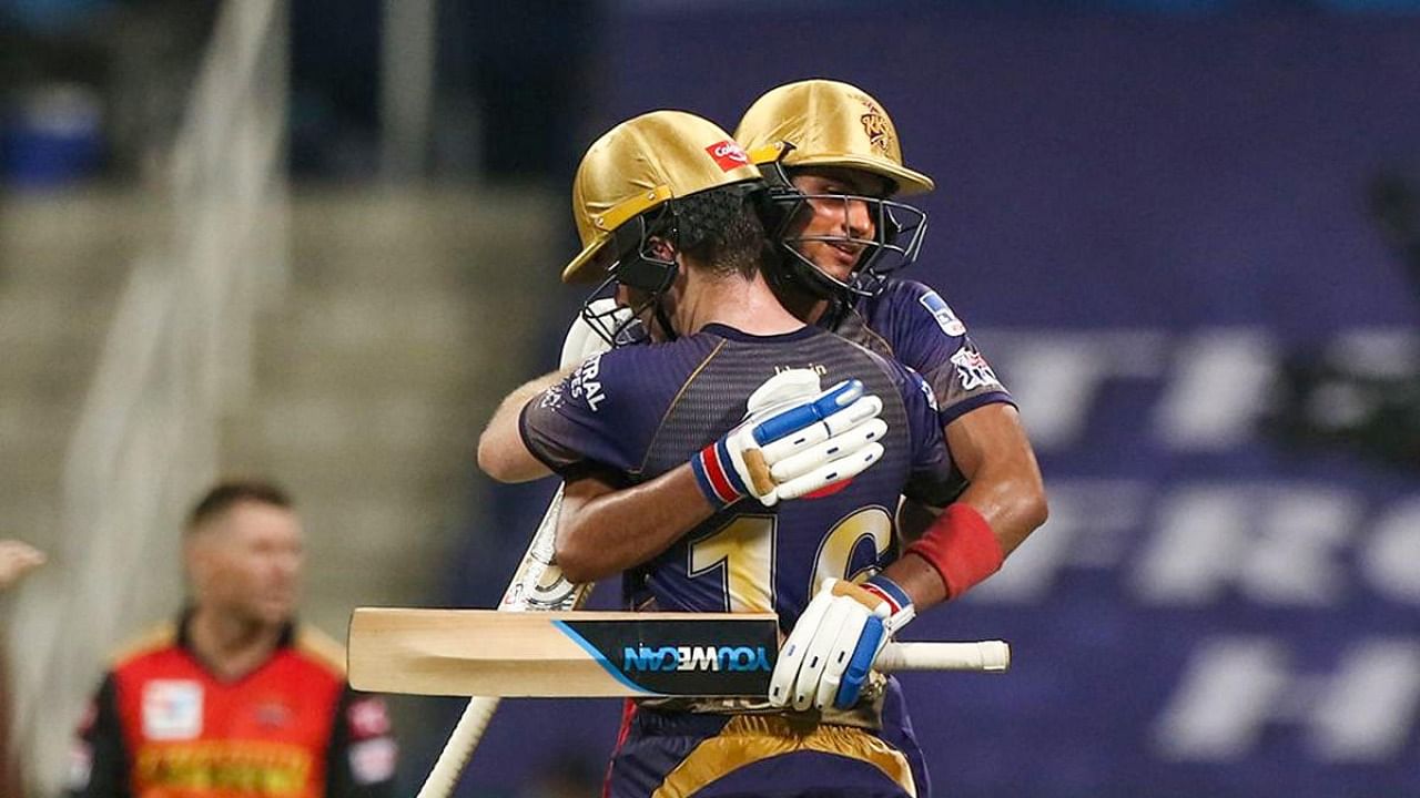 Shubman Gill and Eoin Morgan of Kolkata Knight Riders celebrate their win against Sunrisers Hyderabad in Indian Premier League 2020 cricket match at the Sheikh Zayed Stadium. Credit: PTI.