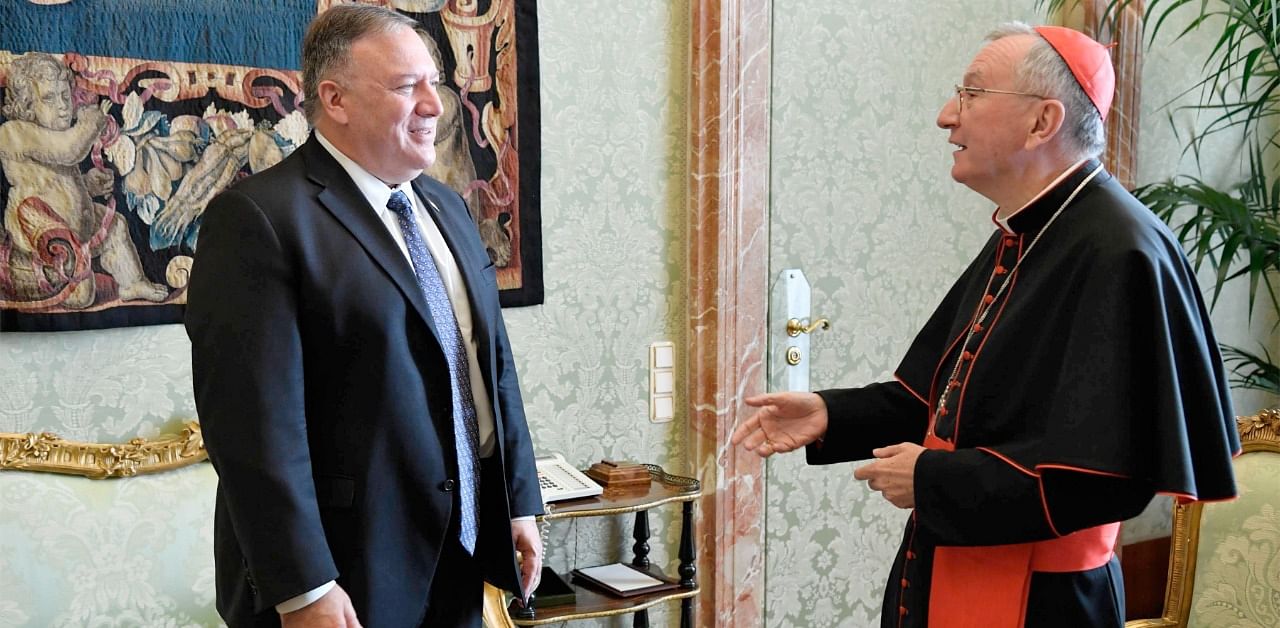 The Vatican's Secretary of State, Italian Cardinal Pietro Parolin (R) meeting with US Secretary of State Mike Pompeo. Credit: AFP Photo
