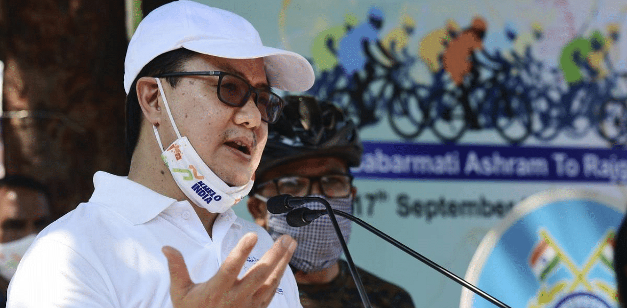 Minister of Youth Affairs and Sports Kiren Rijiju speaks during FIT India Para-Cycling Expedition, in New Delhi. Credit: PTI Photo