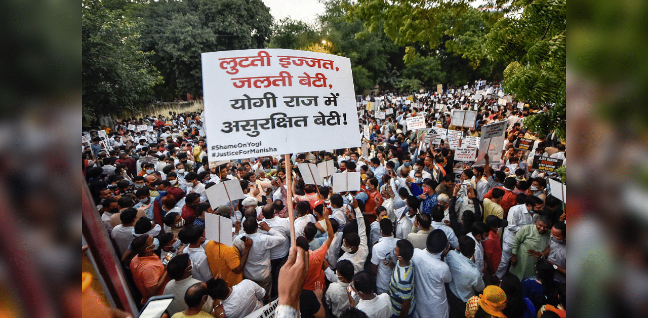  Members of various organizations during a protest against the death of a 19-year-old Dalit woman who was allegedly gang-raped in Hathras, at Jantar Mantar in New Delhi, Friday, Oct. 2, 2020. Credit: PTI Photo