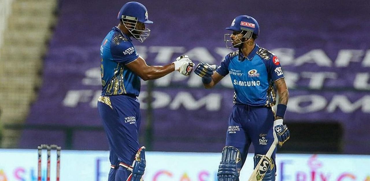 Mumbai Indians batsmen Kieron Pollard and Hardik Pandya during the Indian Premier League 2020 cricket match. Credit: PTI