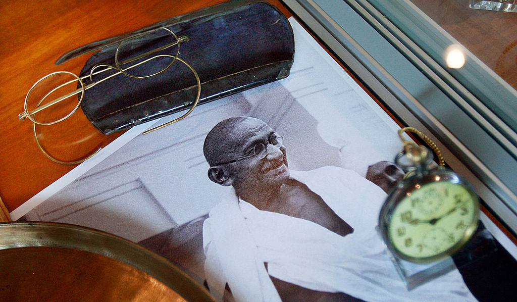 Mahatma Gandhi's glasses, sandals plate and bowl and pocket watch are seen before a controversial auction of his memorabilia March 5, 2009 in New York City. Credit: Getty Image