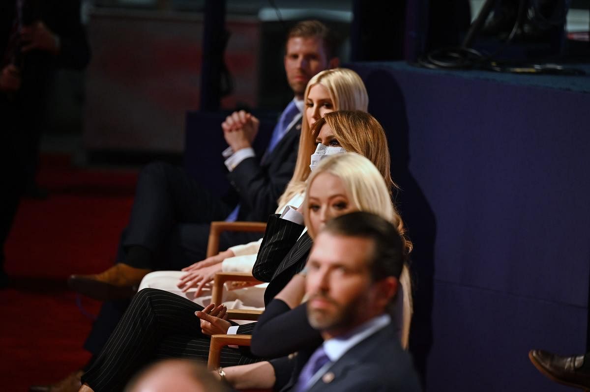 In this file photo taken on September 29, 2020 (From top) Eric Trump, son of the US President, daughter and Senior Advisor to the US President Ivanka Trump, US First Lady Melania Trump, daughter of the US President Tiffany Trump and Donald Trump Jr., son of the US President, are seen ahead of the first presidential debate at the Case Western Reserve University and Cleveland Clinic in Cleveland. Credit: AFP