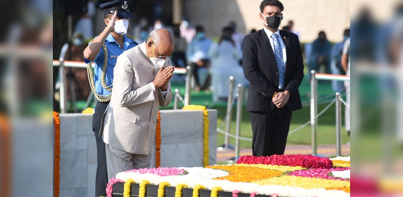 President Ram Nath Kovind pays homage to Mahatma Gandhi on the occasion of his 151st birth anniversary, at Rajghat in New Delhi. Credit: PTI Photo