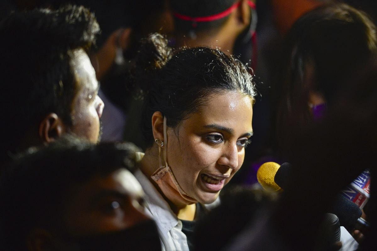 Bollywood actress Swara Bhaskar during a protest against the alleged gang-rape of a 19-year-old Dalit woman in Uttar Pradesh’s Hathras, at Jantar Mantar in New Delhi. Credit: PTI