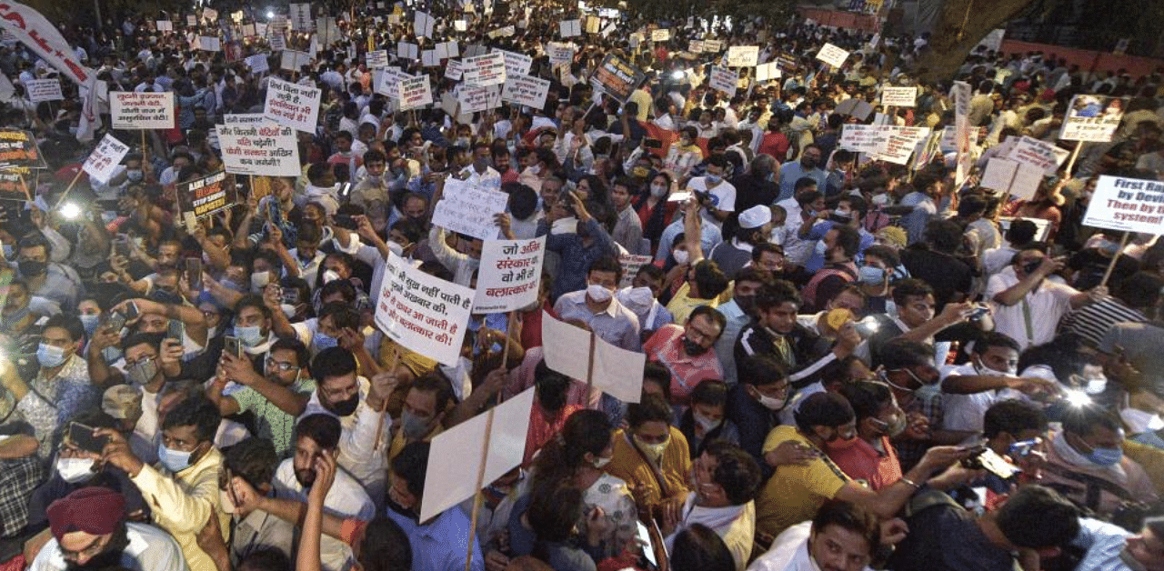 Members of various organizations during a protest against the death of a 19-year-old Dalit woman who was allegedly gang-raped in Hathras, at Jantar Mantar in New Delhi, Friday, Oct. 2, 2020.  Credit: PTI Photo