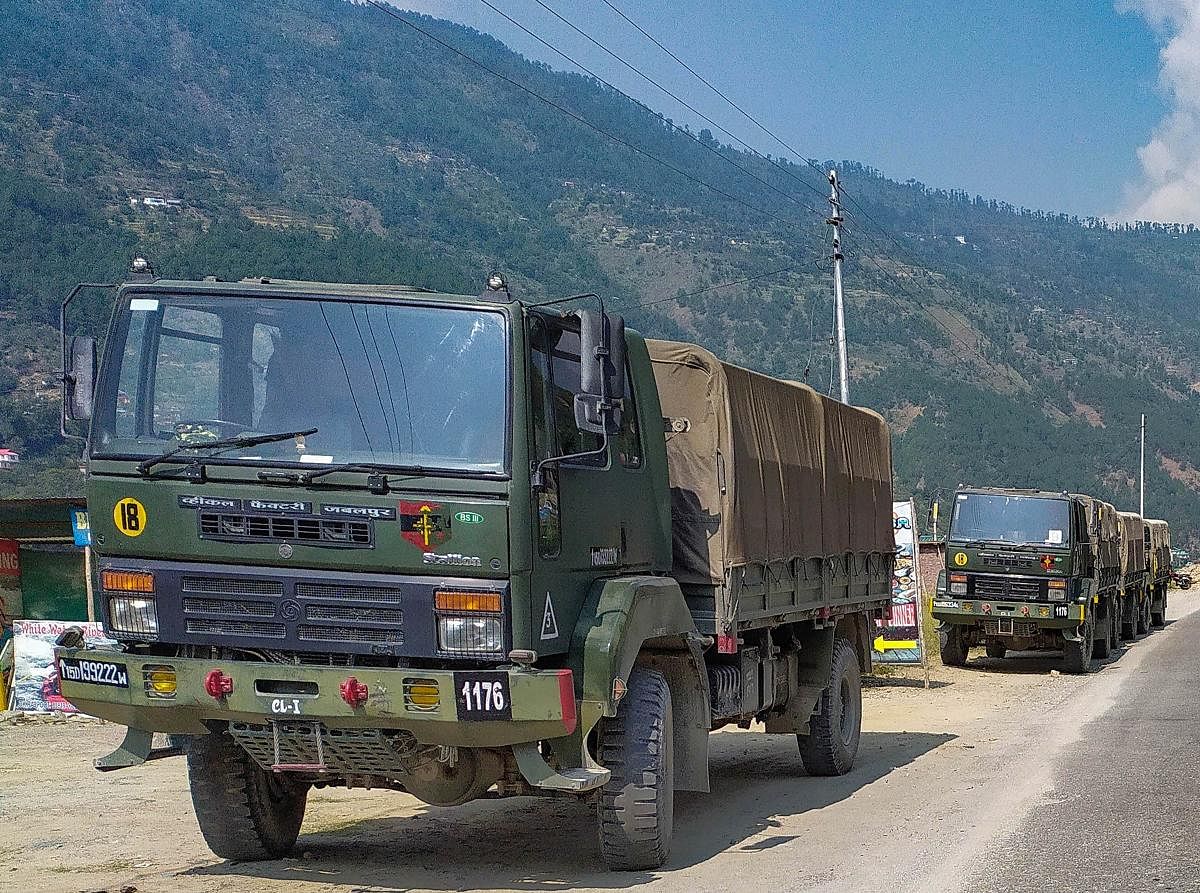 An army convoy carrying military material on its way to Ladakh amid border tension with China, at Manali-Leh highway, Wednesday, Sept. 23, 2020. Credit: PTI Photo
