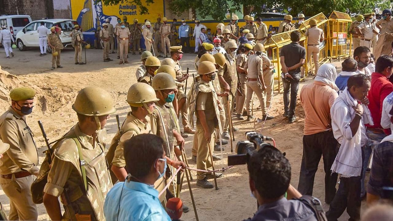 Security beefed up after the death of 19-year-old woman, who was allegedly gang-raped two weeks ago, in Hathras. Credit: PTI.