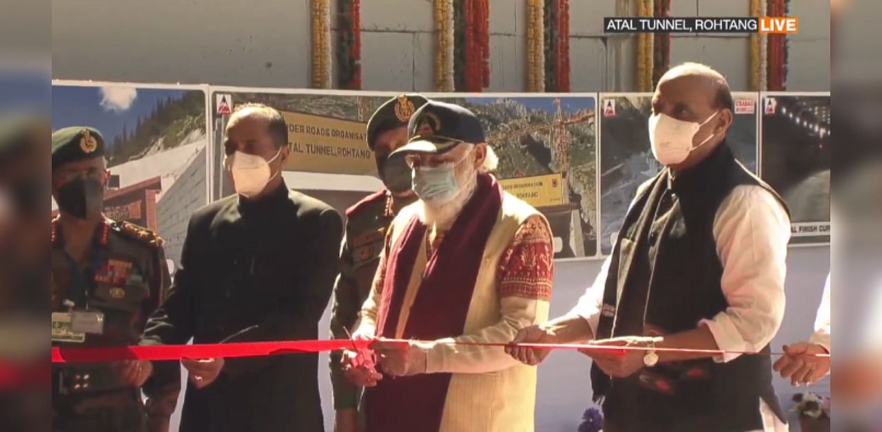 Prime Minister Narendra Modi on Saturday inaugurated the strategically important all-weather Atal Tunnel at Rohtang. Credit: Twitter/@BJP4India