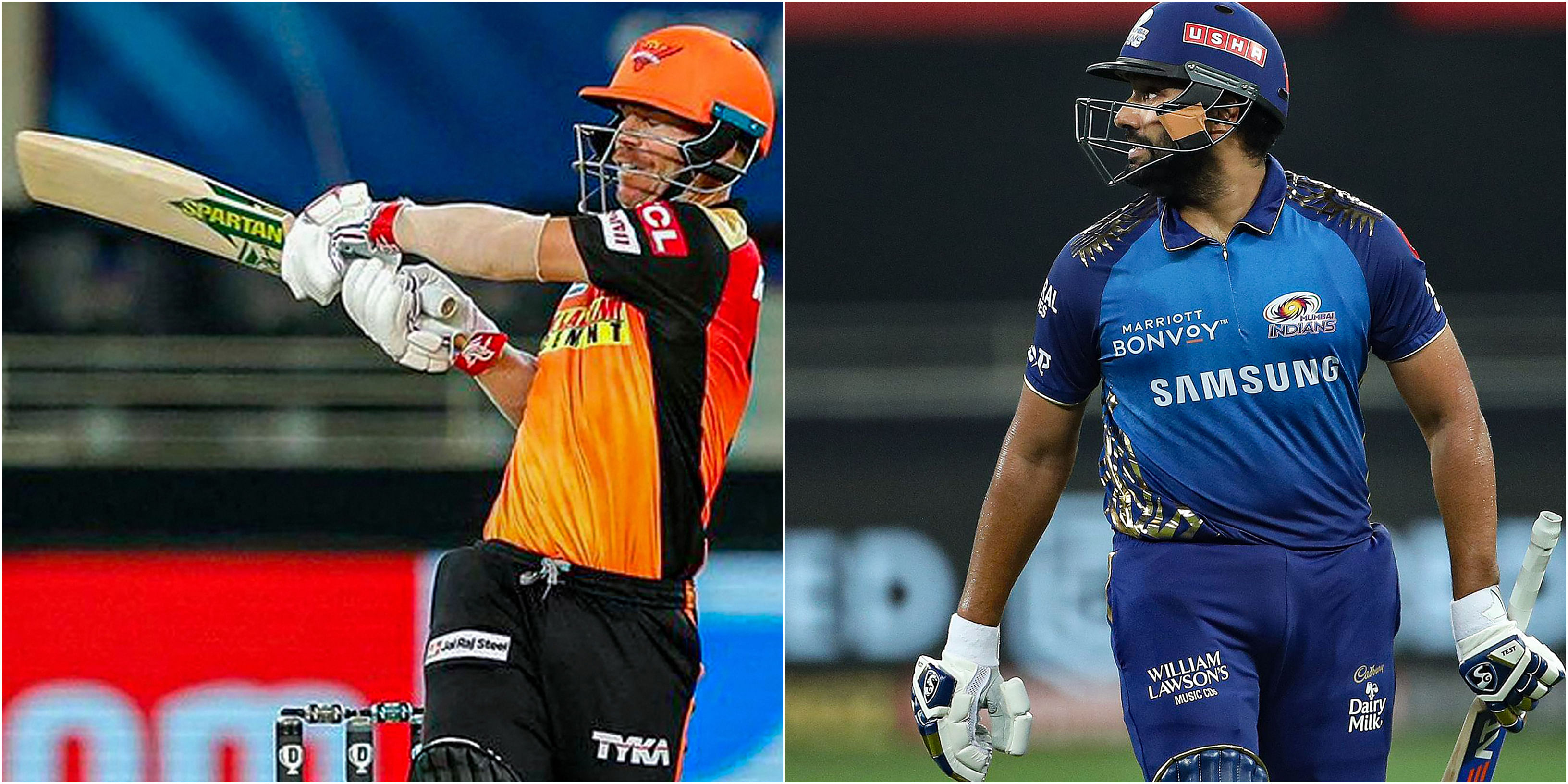 Sunrisers Hyderabad captain David Warner and Mumbai Indians skipper Rohit Sharma. Credit: PTI Photos