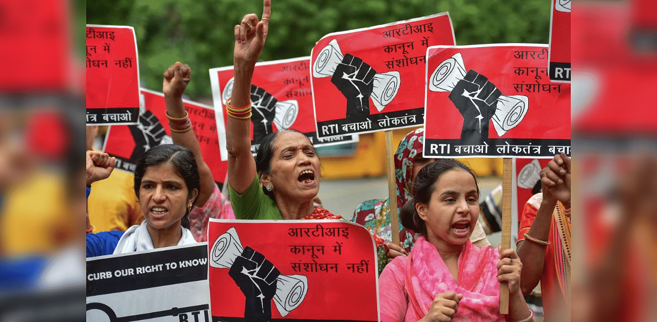 Protestors raise slogans against the amendments to the Right to Information Act, in New Delhi in 2019. Photo/PTI 