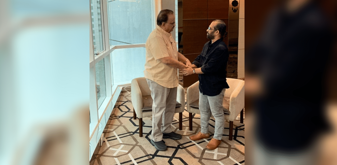 Mathimaran Mahendran with S P Balasubrahmanyam in Kuala Lumpur in 2019. Credit: Special Arrangement