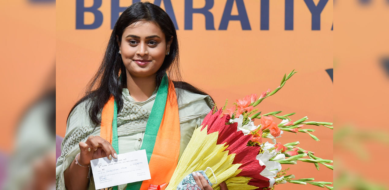 Arjuna awardee and Commonwealth Games gold medalist shooter Shreyasi Singh on Sunday made a debut in the political arena by joining the BJP. Credit: PTI Photo