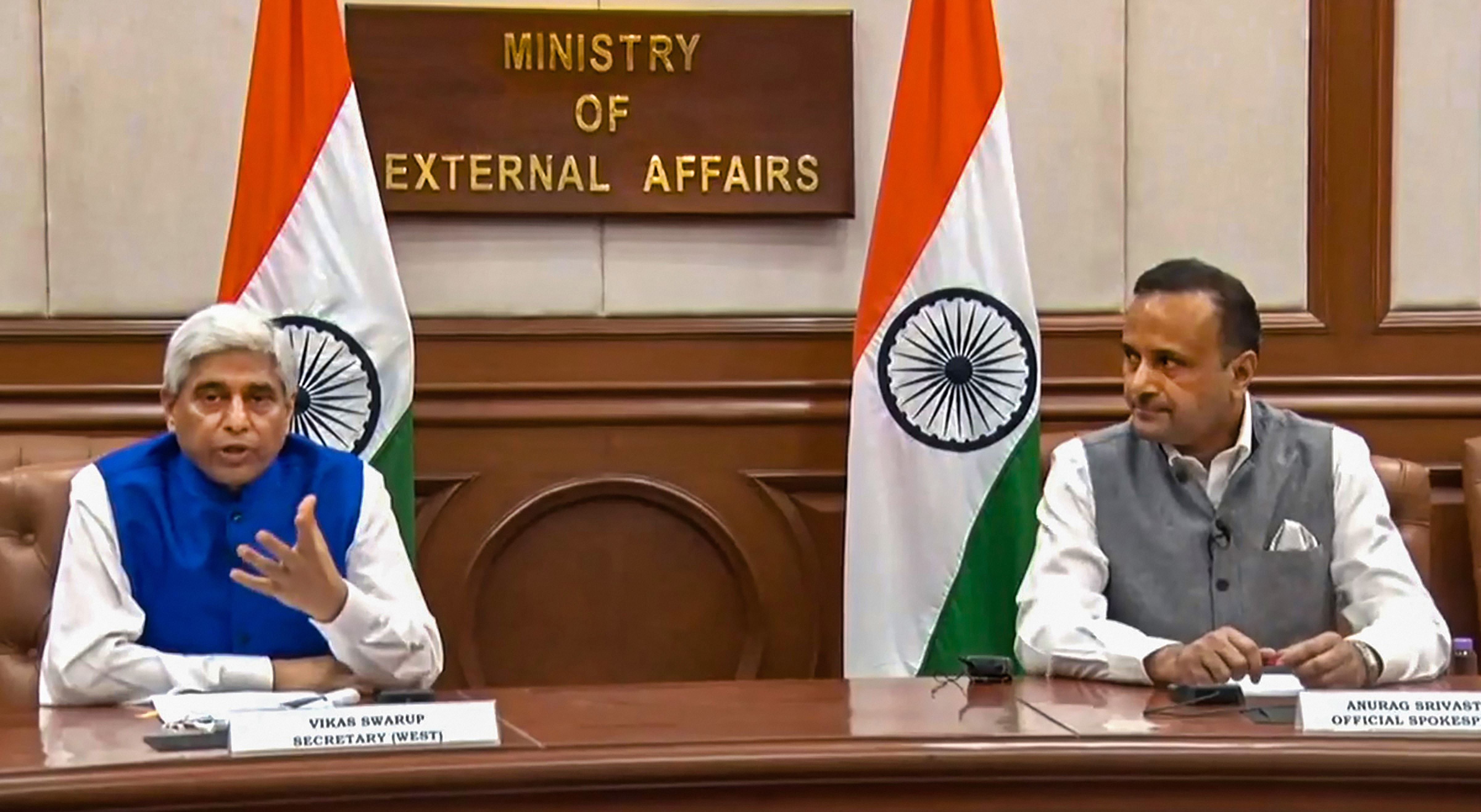 Secretary West in the Ministry of External Affairs, Vikas Swarup and Spokesperson in the Ministry of External Affairs Anurag Srivastava. Credits: PTI Photo