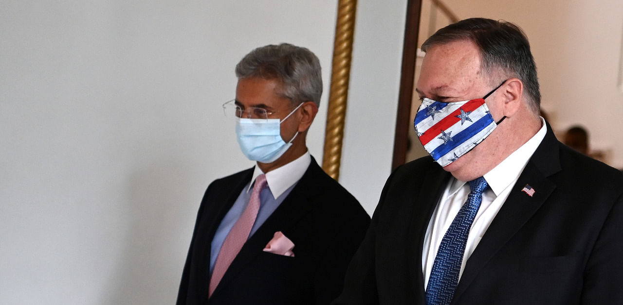 US Secretary of State Mike Pompeo (R) and Indian Foreign Minister Subrahmanyam Jaishankar arrive to attend their meeting in Tokyo. Credit: Reuters Photo