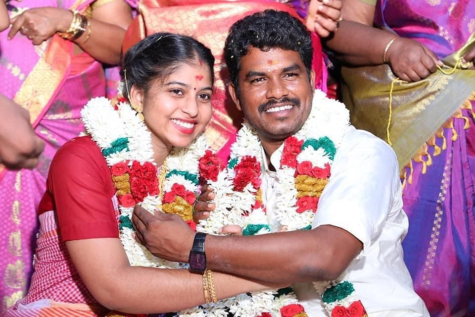 AIADMK MLA A Prabhu and S Soundarya pose for pictures after getting married on Monday. Credit: SPECIAL ARRANGEMENT  