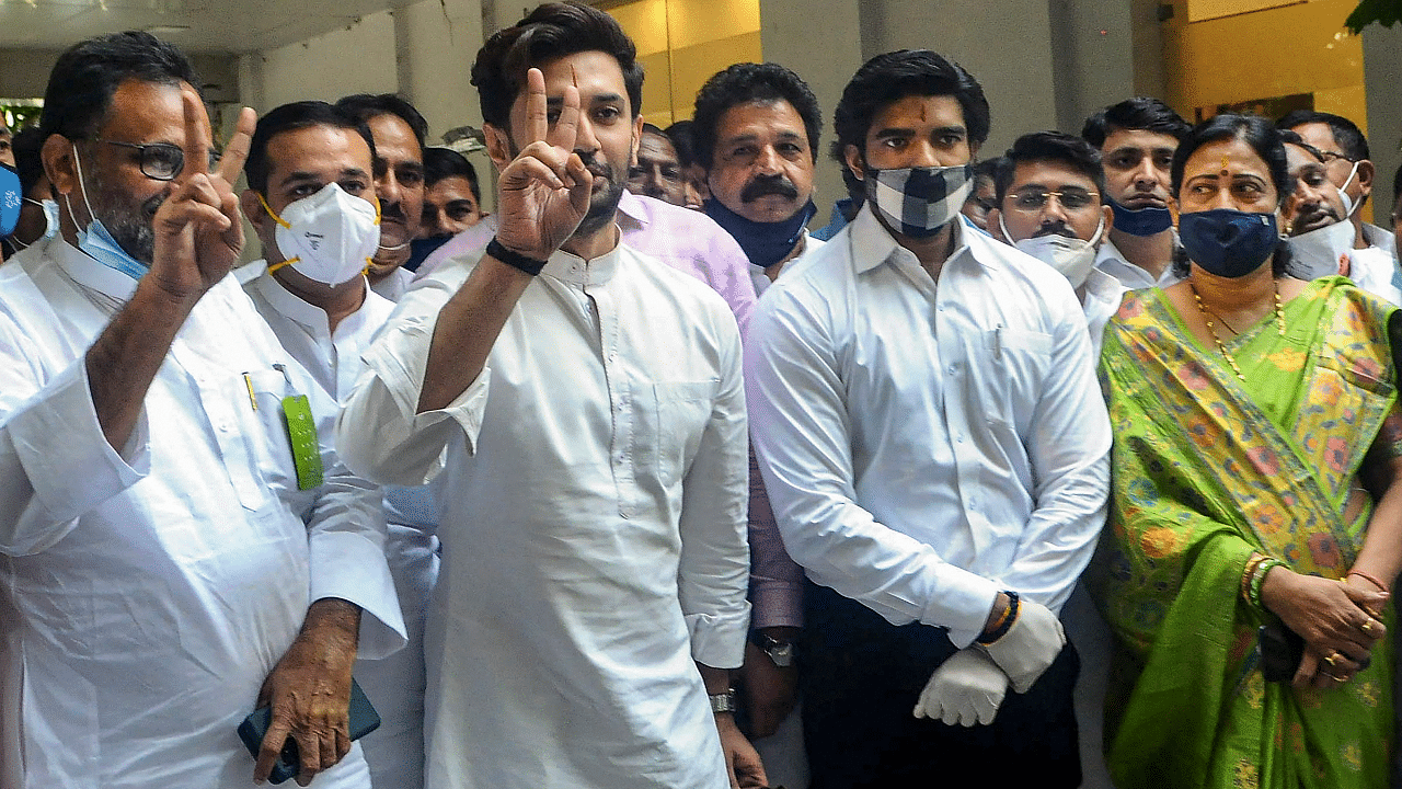 Lok Janshakti Party (LJP) Chief Chirag Paswan along with party leaders after the meeting ahead of Bihar Assembly elections. Credits: PTI Photo