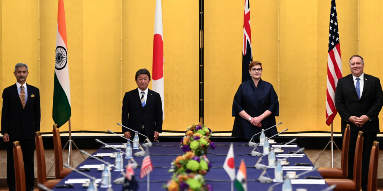 External Affairs Minister Subrahmanyam Jaishankar (L), Japan's Foreign Minister Toshimitsu Motegi (2nd L) Australia's Foreign Minister Marise Payne (2nd R) and US Secretary of State Mike Pompeo (R) attend the four Indo-Pacific nations' foreign ministers meeting in Tokyo on October 6, 2020. Credit: AFP