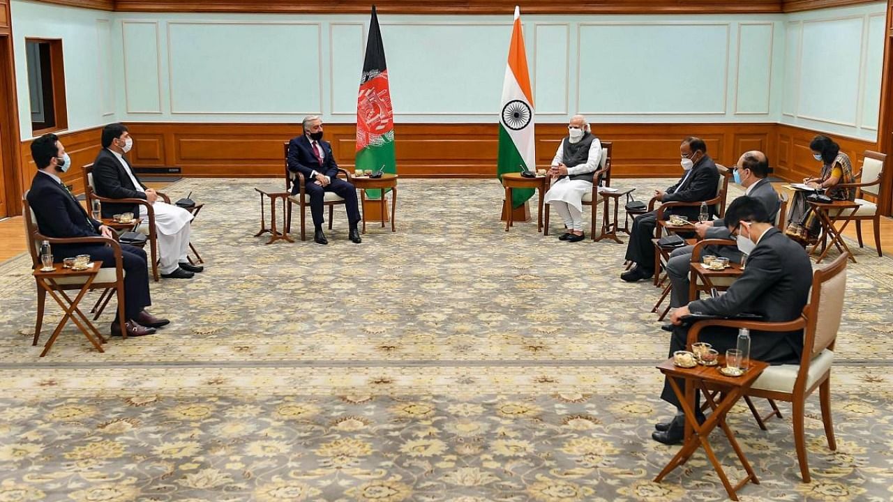 Prime Minister Narendra Modi with Head of Afghan peace council Abdullah Abdullah during the latter's five day visit to India as part of the efforts to build a regional consensus and support for the Afghan peace process. Credit: PTI.