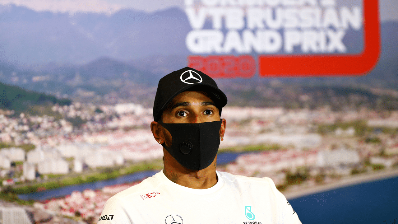 Mercedes' Lewis Hamilton during a press conference after he finished in third place in the race FIA. Credits: AFP Photo
