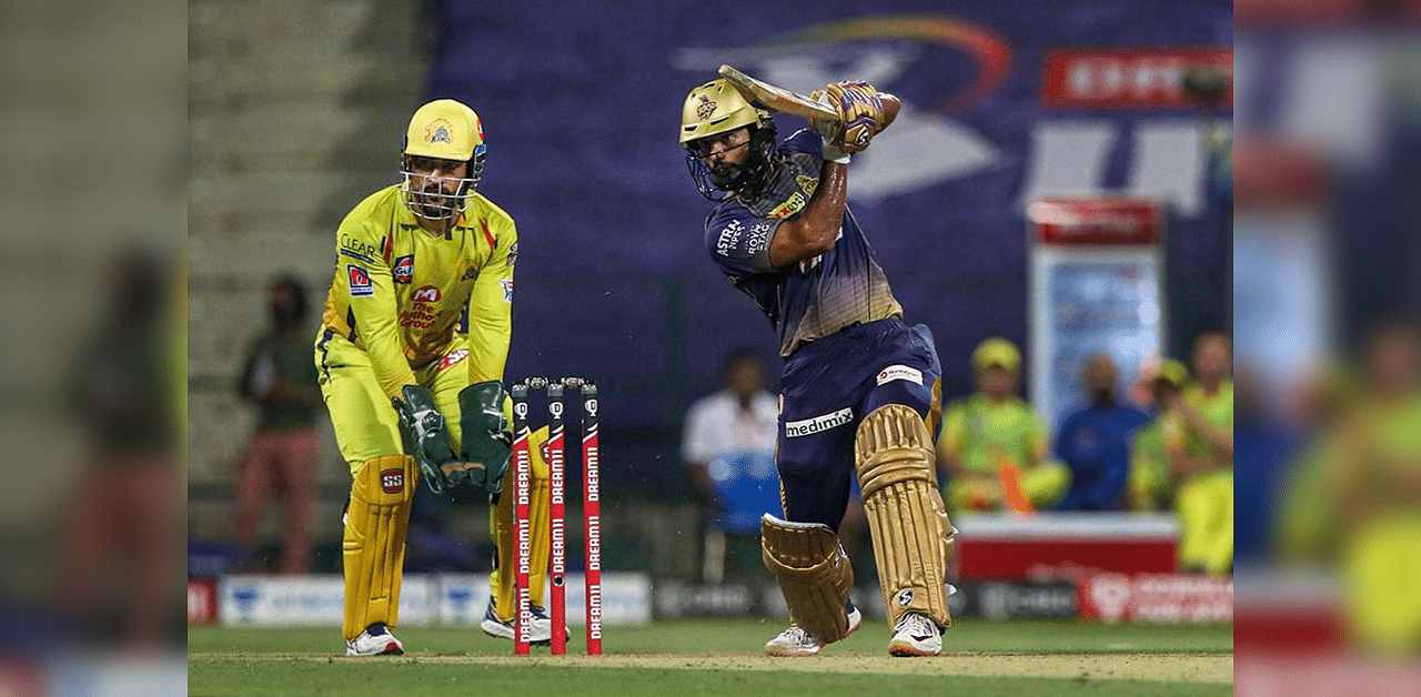 Rahul Tripathi of Kolkata Knight Riders plays a shot during IPL 2020 cricket match against Chennai Super Kings, at Sheikh Zayed Stadium in Abu Dhabi, United Arab Emirates, Wednesday, Oct. 7, 2020. Credit: PTI Photo