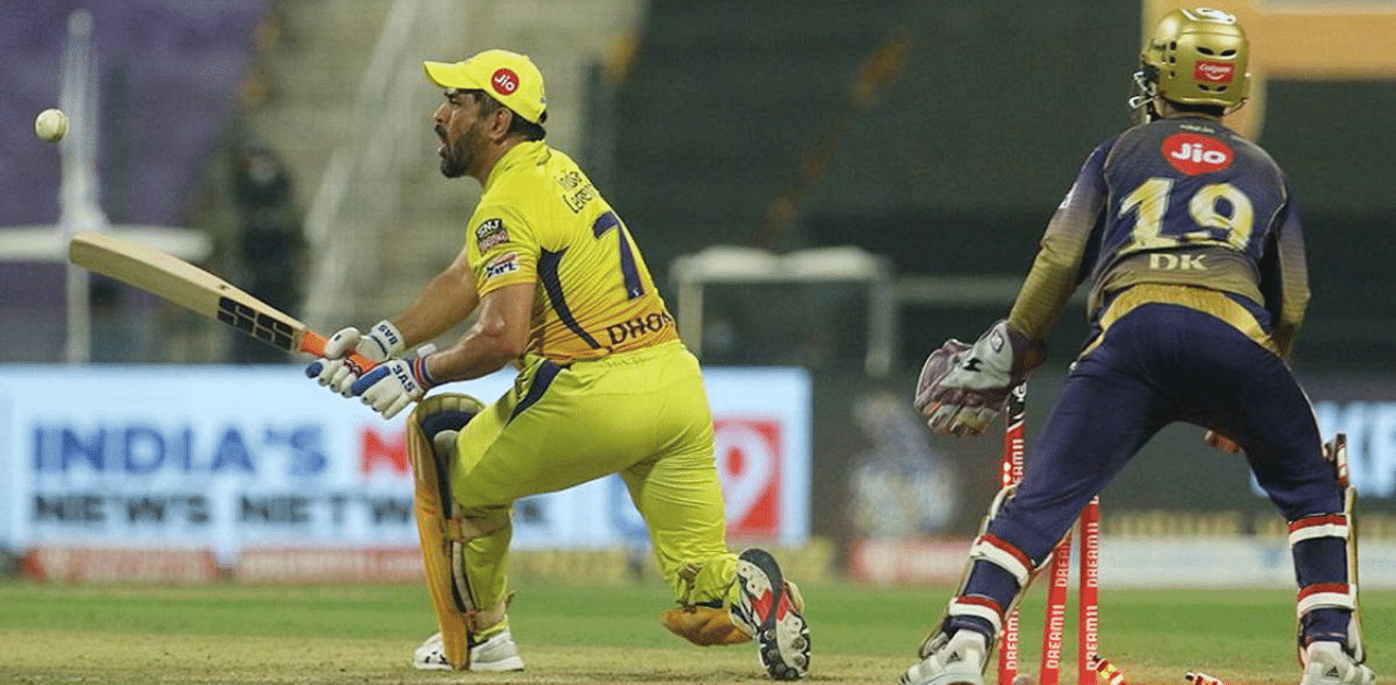 MS Dhoni, captain of Chennai Super Kings gets clean-bowled during IPL 2020 cricket match against Kolkata Knight Riders, at Sheikh Zayed Stadium in Abu Dhabi, United Arab Emirates. Credit: PTI Photo