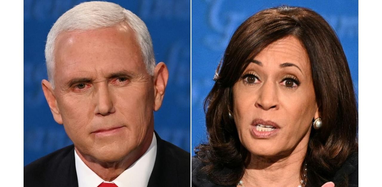 US Vice President Mike Pence and US Democratic vice presidential nominee and Senator from California Kamala Harris during the vice presidential debate in Kingsbury Hall at the University of Utah. Credit: AFP