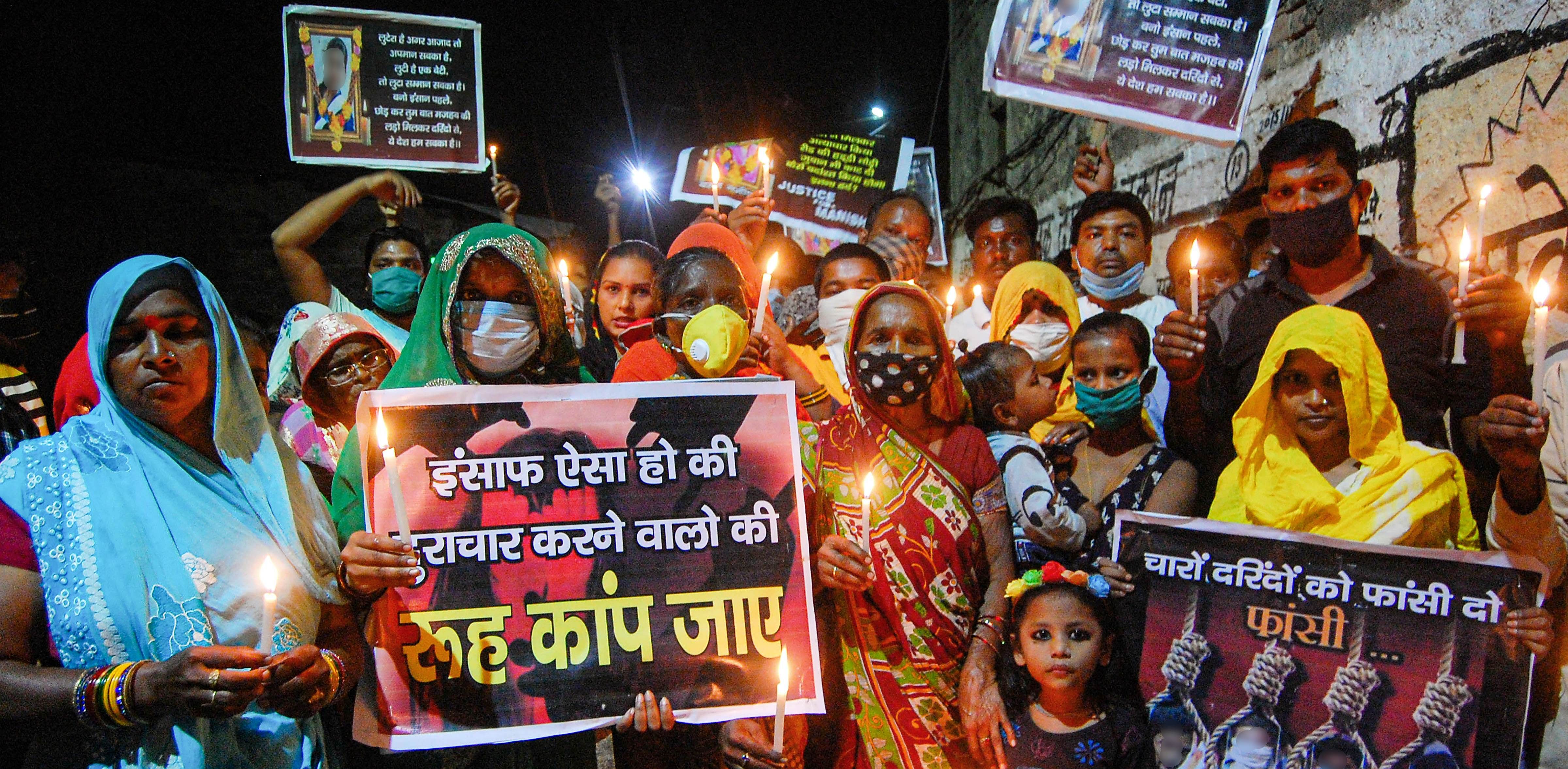 Members of Valmiki community during a protest against the death of a 19-year-old Dalit woman who was allegedly gang-raped in Hathras, in Kanpur. Credit: PTI