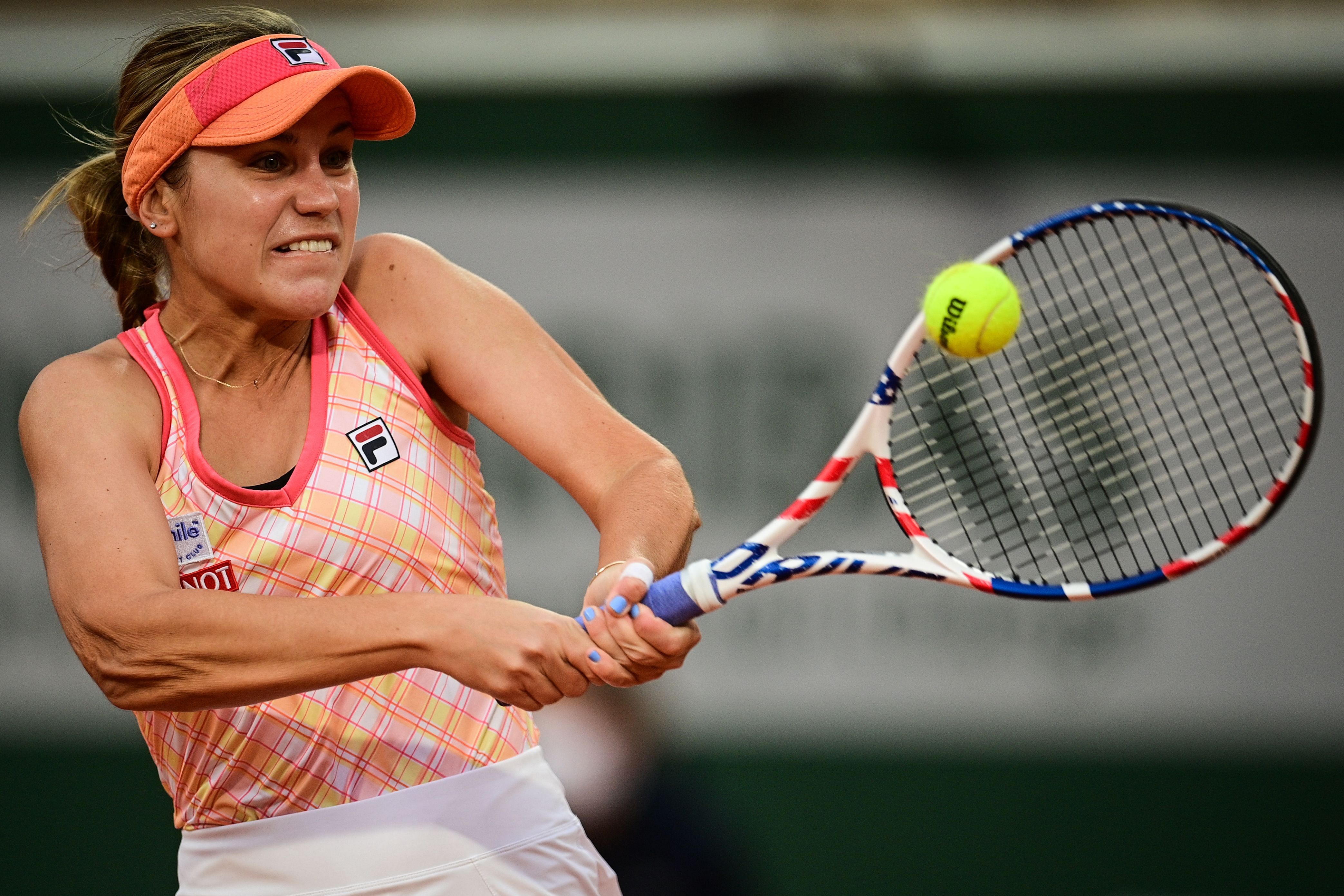Sofia Kenin of the US returns the ball to Czech Republic's Petra Kvitova during their women's singles semi-final tennis match on Day 12 of The Roland Garros 2020 French Open tennis tournament in Paris on October 8, 2020. Credit: AFP