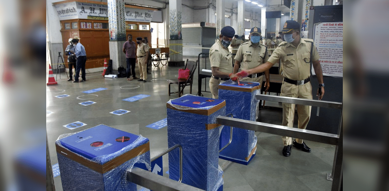 Central Railway (CR) installation automated gates at Chhatrapati Shivaji Maharaj Terminus (CSMT), for access to the concourse and platform area for long-distance train passengers, in Mumbai, Thursday, Oct 08, 2020. Credit: PTI Photo