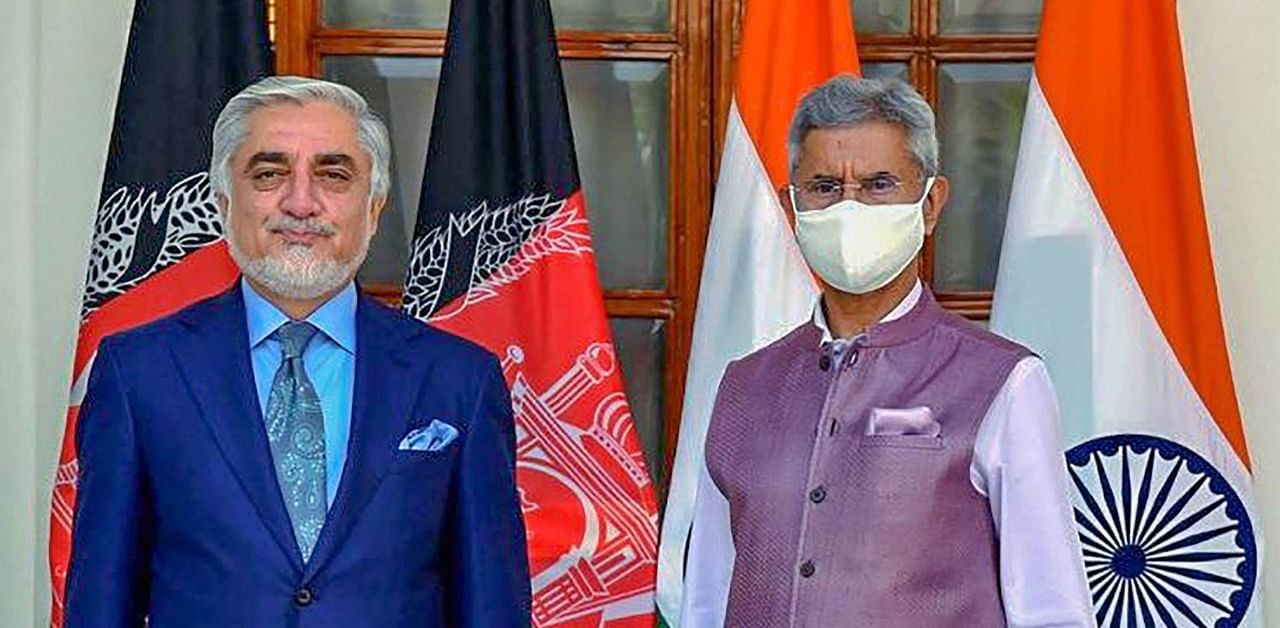 External Affairs Minister S Jaishankar meets Abdullah Abdullah, Chairman of the High Council for National Reconciliation in Afghanistan. Credit: Twitter Photo (@DrSJaishankar)