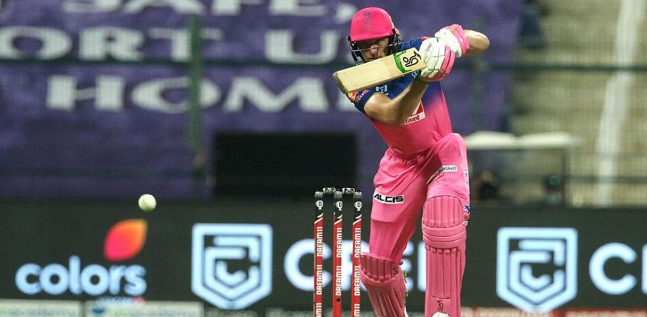 Rajasthan Royals player Jos Buttler plays a shot during a match against the Mumbai Indians, at Sheikh Zayed Stadium in Abu Dhabi. Credit: Sportzpics for BCCI