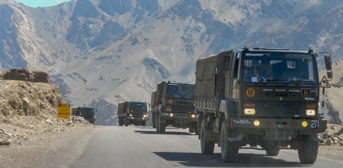 Army trucks move towards LAC eastern Ladakh, amid the prolonged India-China stand off, in Leh, Saturday, Sept. 12, 2020. Credit: PTI Photo