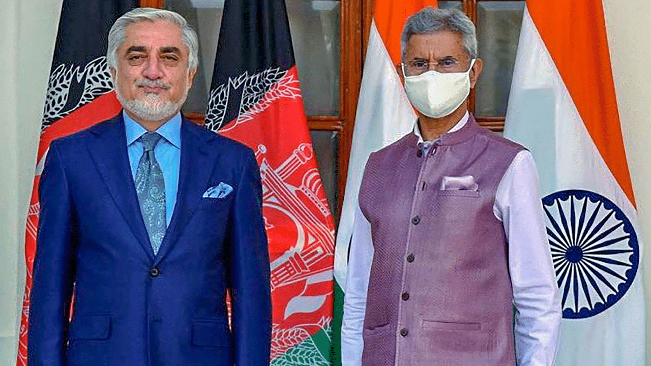 External Affairs Minister S Jaishankar meets Abdullah Abdullah, Chairman of the High Council for National Reconciliation in Afghanistan. Credits: PTI Photo