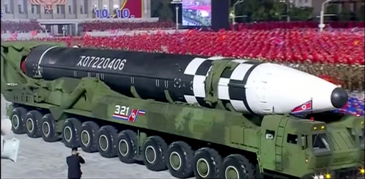  This image made from video broadcasted by North Korea's KRT, shows a military parade with what appears to be possible new intercontinental ballistic missile at the Kim Il Sung Square in Pyongyang. Credit: AP Photo