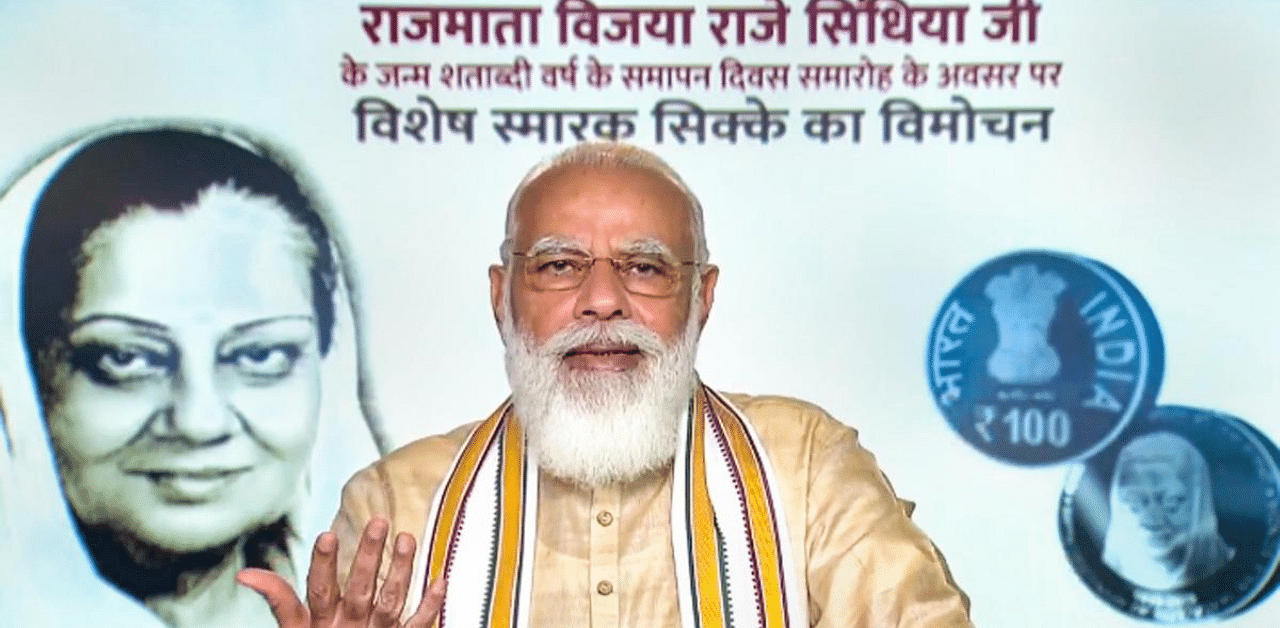  Prime Minister Narendra Modi speaks at a virtual ceremony held to release a commemorative coin of Rs 100 in the honour of Vijaya Raje Scindia on her birth centenary. Credit: PTI Photo