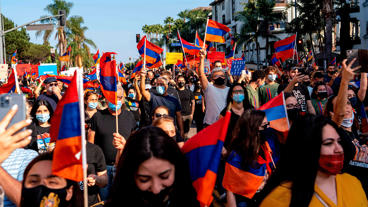 People march from Pan Pacific Park to the Consulate General of Turkey, during a protest in support of Armenia and Karabakh amid the territorial dispute with Azerbaijan over Nagorno-Karabakh. Credits: AFP Photo