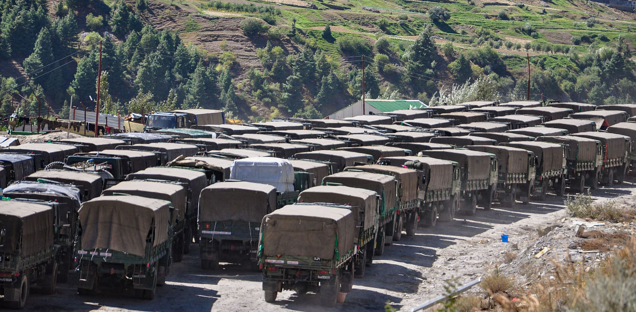 Himalayan jam: An army convoy carrying military material on its way to Ladakh amid the border tension with China, at Manali-Leh highway on Sept 19, 2020. Credit: PTI Photo