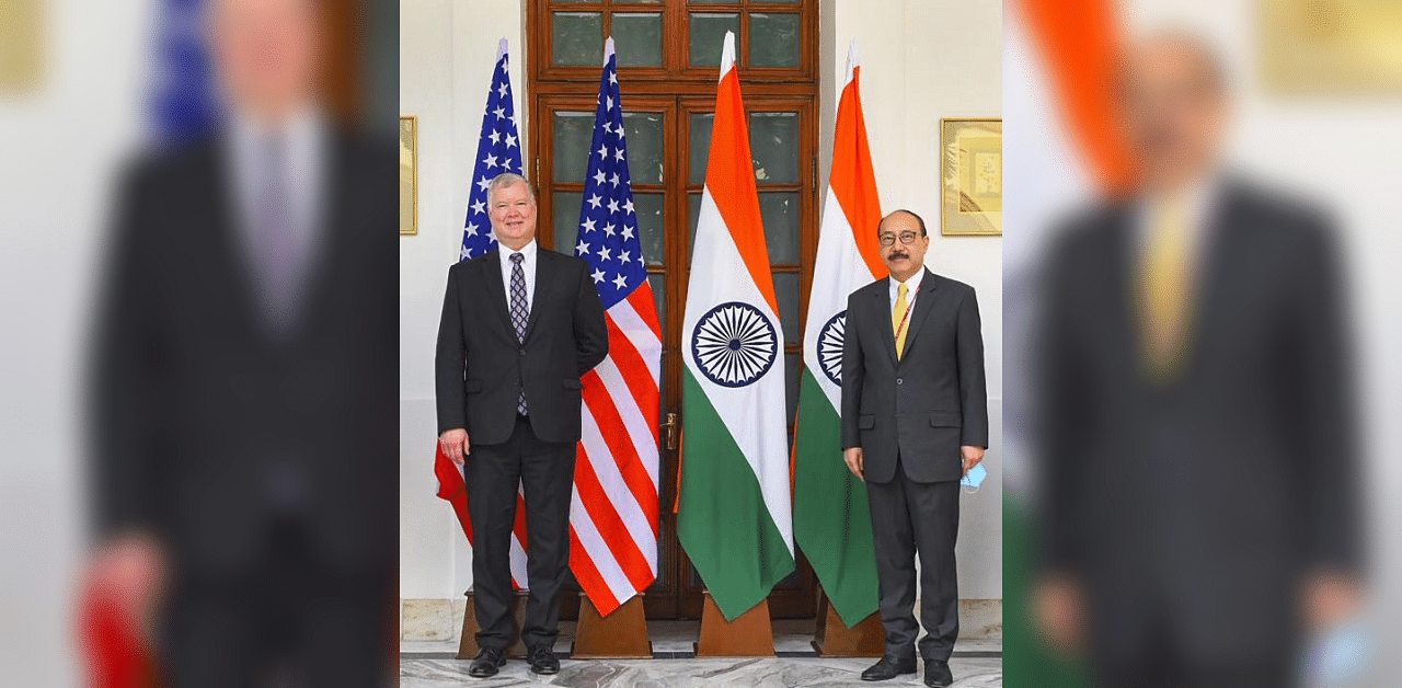 Foreign Secretary Harsh Shringla and the US Deputy Secretary of State, Stephen Biegun, had a meeting on Tuesday to review the bilateral relations and discuss the deliverables of the forthcoming 2+2 dialogue. Credit: PTI Photo