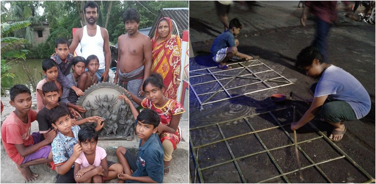 The children with the Durga idol (L) and children preparing the pandal for Durga Puja (R). Credit: Special Arrangement