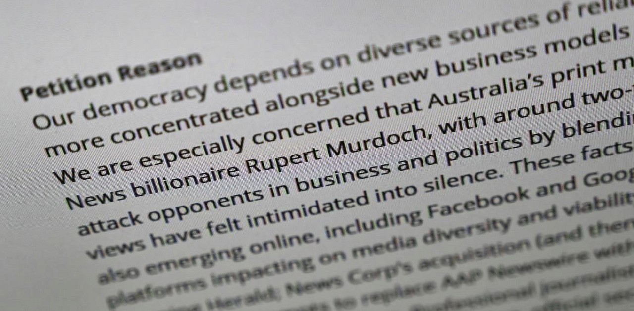 A photo illustration taken in Melbourne on shows an online petition launched by former prime minister Kevin Rudd calling for an inquiry into Rupert Murdoch's dominance over Australian media. Credit: AFP Photo