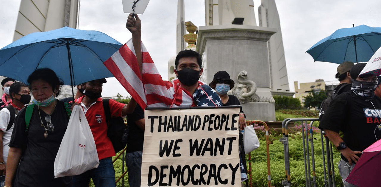 Anti-government protesters rally at the Democracy Monument demanding the resignation of Thailand's Premier Prayut Chan-O-Cha, a former military chief and reforms to the monarchy in Bangkok. Credit: AFP Photo
