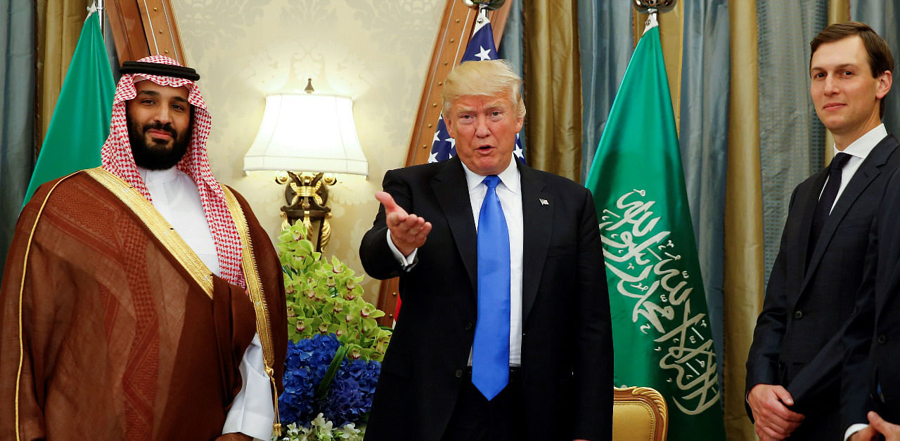 U.S. President Donald Trump, flanked by White House senior advisor Jared Kushner, meets with Saudi Arabia's Deputy Crown Prince Mohammed bin Salman at the Ritz Carlton Hotel in Riyadh, Saudi Arabia. Credit: Reuters File Photo