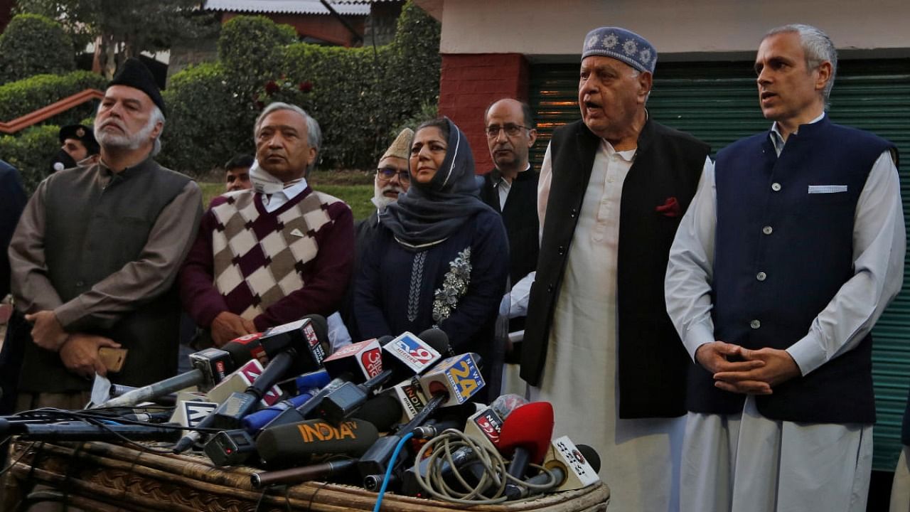 <div class="paragraphs"><p>(L-R) Leaders of Jammu and Kashmir's opposition parties --&nbsp; Muzaffar Shah, leader of Awami National Conference, Mohammed Yousuf Tarigami, leader of Communist Party of India (Marxist), Mehbooba Mufti, former chief minister of Jammu and Kashmir and President of Peoples Democratic Party, Farooq Abdullah and his son Omar Abdullah, both leaders of National Conference and former state chief ministers in Srinagar. File Photo.</p></div>