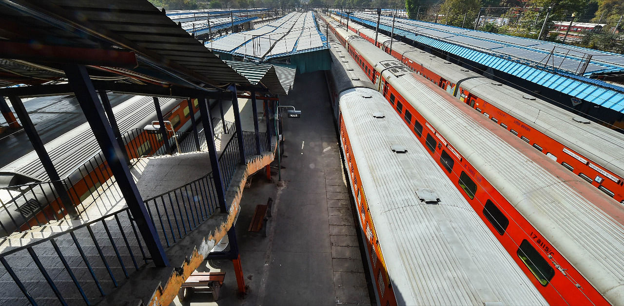 Trains are seen parked at a yard after lockdown, in New Delhi. Credit: PTI File Photo